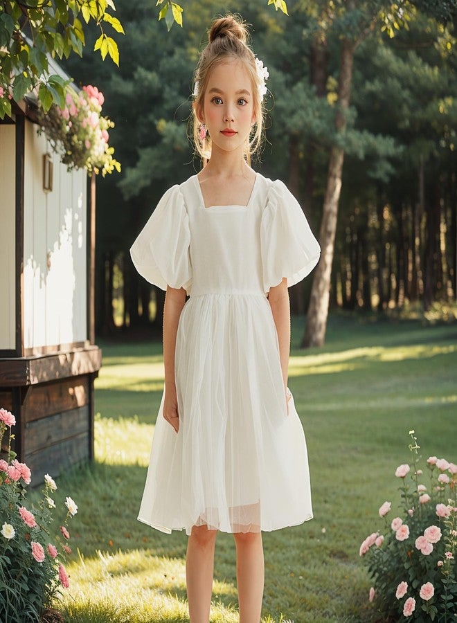 KARETT Summer Toddler Girl Dresses Tutu A Line Puffy Short Sleeve Casual Flower Girl Dress for Birthday Party White Size 3-4T - Image 3