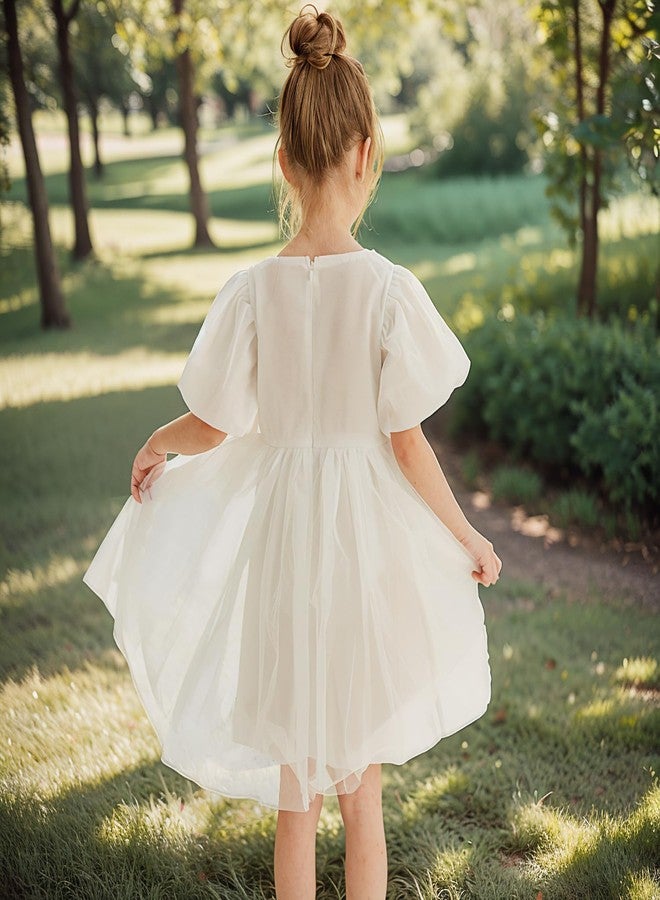 KARETT Summer Toddler Girl Dresses Tutu A Line Puffy Short Sleeve Casual Flower Girl Dress for Birthday Party White Size 3-4T - Image 4