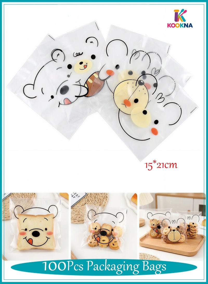 KOOKNA 100pcs Self Sealing Bags,Plastic Packaging Bags for Cookies and Candy,Cute Bear Transparent Cellophane for Home Bakers Party Birthday Wedding (15x21cm) - Image 1