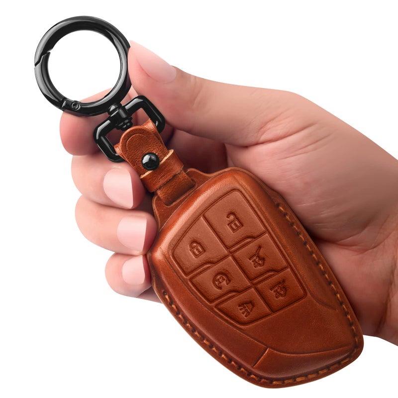 Tukellen Genuine Leather Key Fob Cover Smart Key Holder Sleeve Fit for 20212026 Chevy Chevrolet Colorado Equinox Silverado GMC Canyon Sierra Terrain Yukon Denali Suburban Tahoe BuickBrown