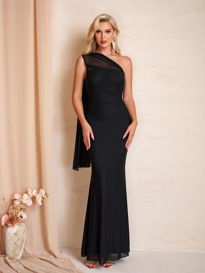 HTZMO Womens One Shoulder Formal Wedding Guest Maxi Dress Summer Bodycon Ruched Elegant Cocktail Party Long Dresses Black M - Image 5