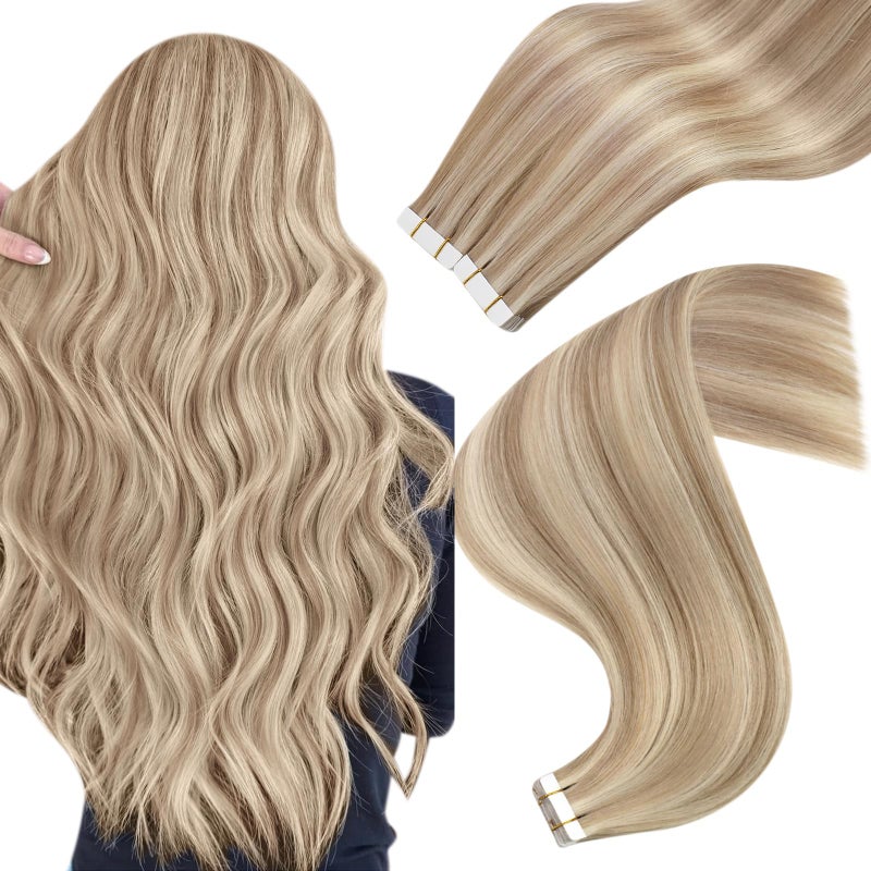 Easyouth Tape in Hair Extensions Highlight Tape in Hair Extensions Human Hair Dirty Blonde Highlight Ash Blonde Human Hair Tapes in Extension Natural Look 20 Inch 50g 20pcs