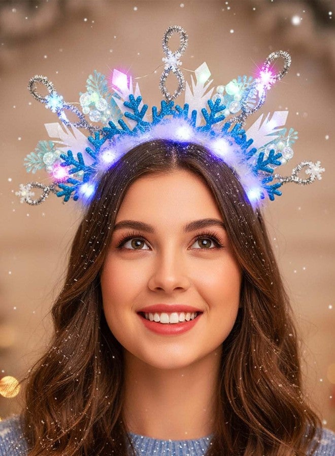Urieo Light-Up Snowflake Crown Headband with LED Lights, White and Blue Christmas Holiday Headpiece with Feathers - Image 3