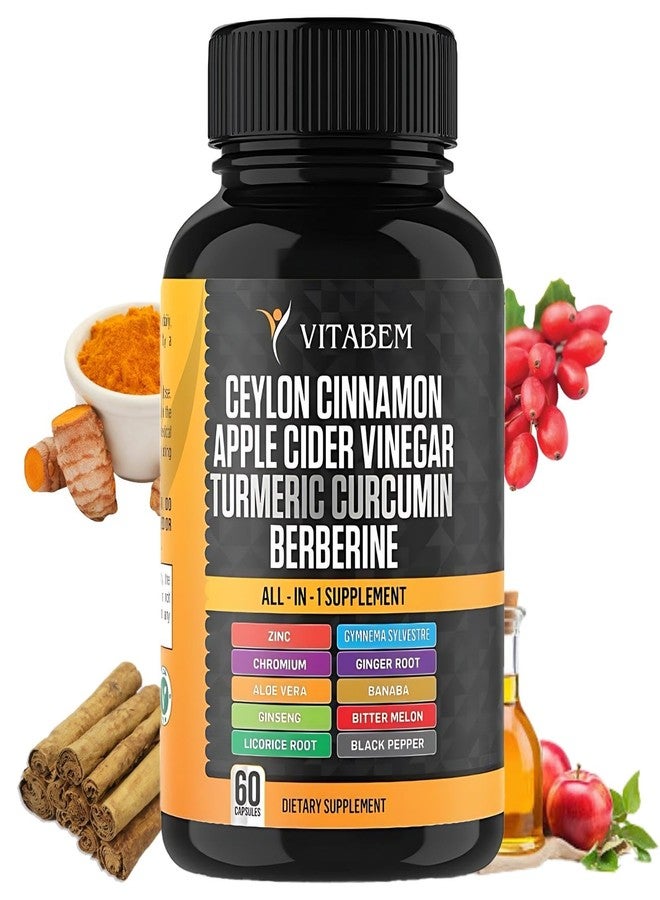 Vitabem Ceylon Cinnamon Capsules 3000mg Turmeric 3000mg Apple Cider Vinegar 3000 mg Ginseng 2000mg Aloe Vera 2000mg Berberine Supplement 1200mg + Banaba | Bitter Melon | Gymnema | Ginger Root - 60 Count - Image 1