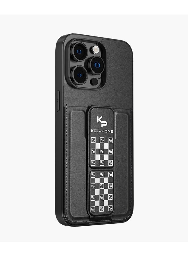 Leather Case with Stand and Card Holder for iPhone 15 Pro Max Black Color