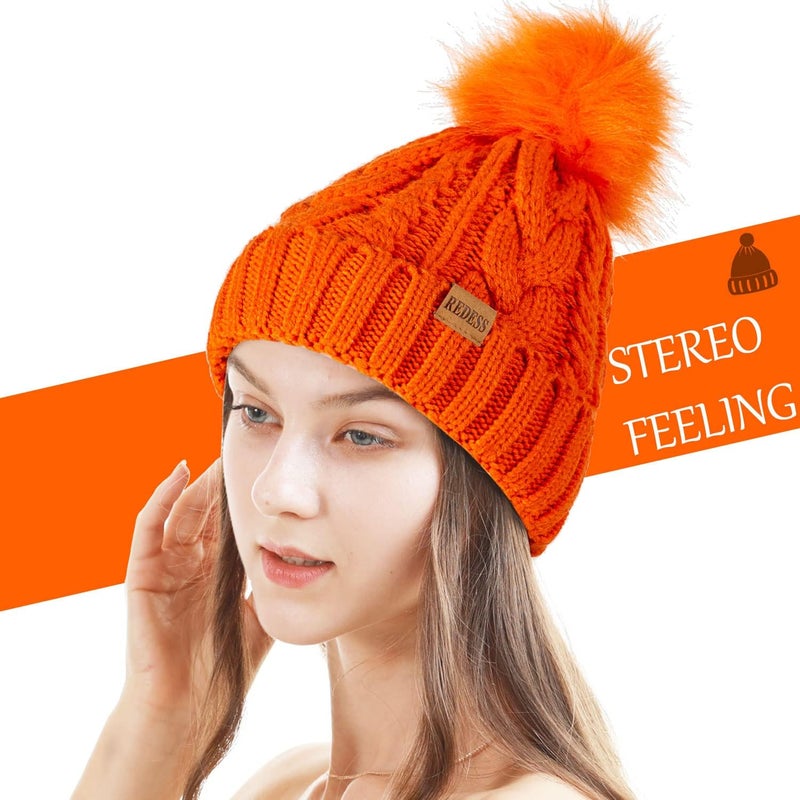 REDESS Women Winter Pompom Beanie Hat with Warm Fleece Lined, Thick Slouchy Snow Knit Skull Ski Cap - Image 1