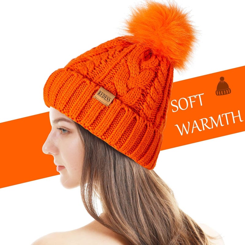 REDESS Women Winter Pompom Beanie Hat with Warm Fleece Lined, Thick Slouchy Snow Knit Skull Ski Cap - Image 2
