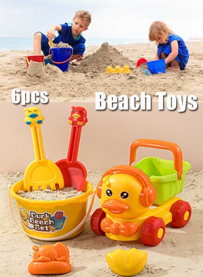 EzzySo 6 Piece duck  beach toys with mesh bag for outdoor play, Including Shovel, mold, bucket, duck cart, Beach sand games toy kit for kids, toddler, boys, girls - Image 1
