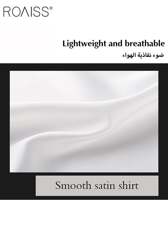 roaiss - Women'S Satin Luminous Drape Shirt Casual Versatile Loose Top Classic Polo Collar Long Sleeved Shirt With Button Closure - Image 1