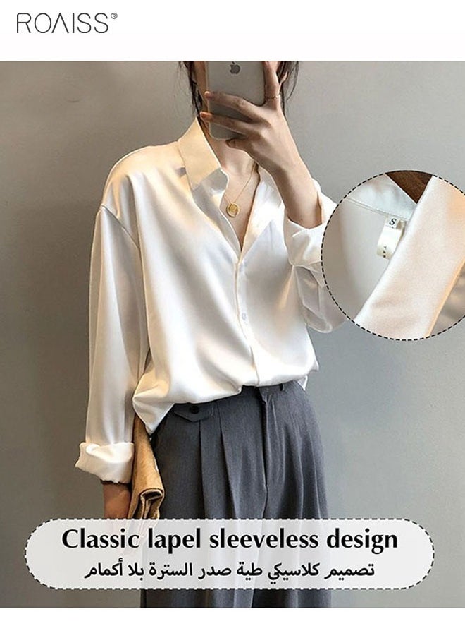 roaiss - Women'S Satin Luminous Drape Shirt Casual Versatile Loose Top Classic Polo Collar Long Sleeved Shirt With Button Closure - Image 1