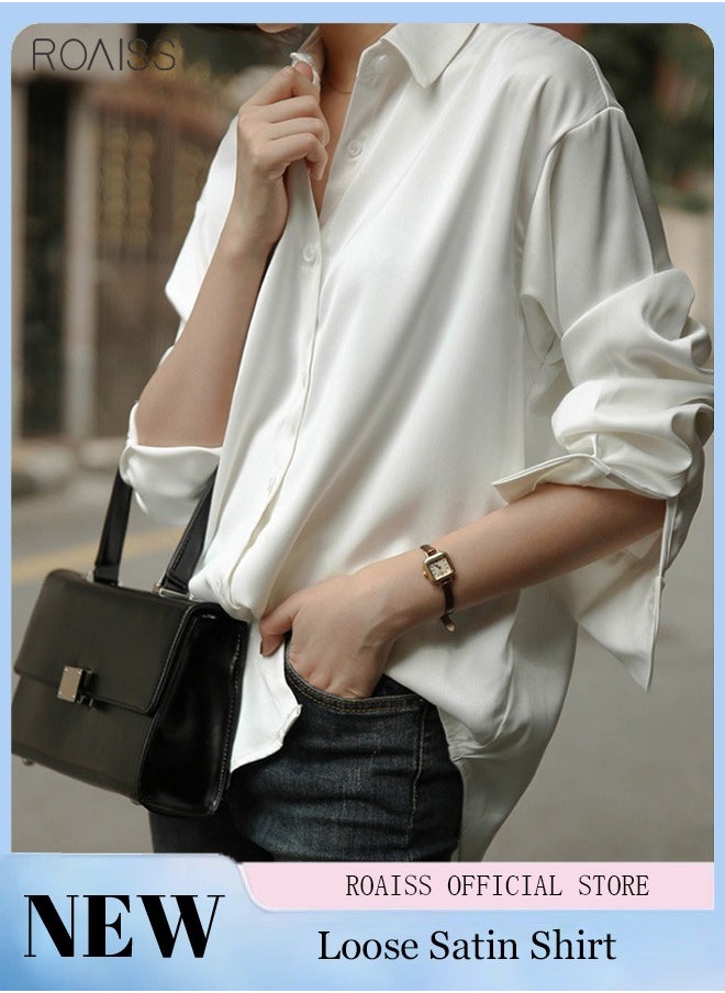 roaiss - Women'S Satin Luminous Drape Shirt Casual Versatile Loose Top Classic Polo Collar Long Sleeved Shirt With Button Closure - Image 1