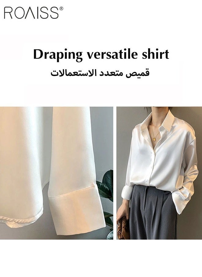roaiss - Women'S Satin Luminous Drape Shirt Casual Versatile Loose Top Classic Polo Collar Long Sleeved Shirt With Button Closure - Image 1