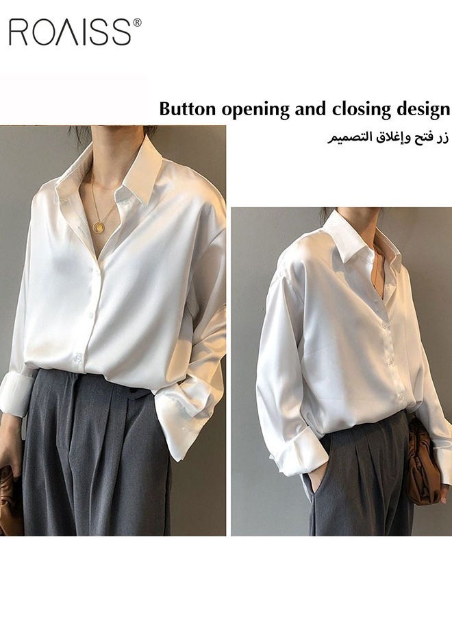 roaiss - Women'S Satin Luminous Drape Shirt Casual Versatile Loose Top Classic Polo Collar Long Sleeved Shirt With Button Closure - Image 1