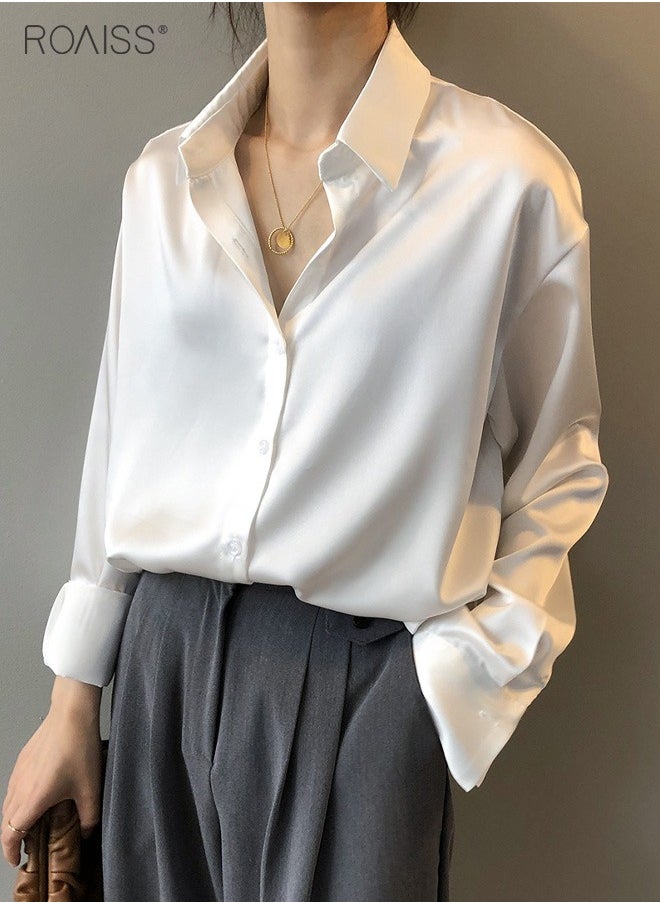 roaiss - Women'S Satin Luminous Drape Shirt Casual Versatile Loose Top Classic Polo Collar Long Sleeved Shirt With Button Closure - Image 1