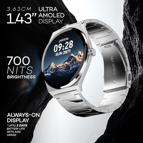 Pebble Royale Steel Luxury Metal Smartwatch | Ultra-Slim Stainless Steel Body, 1.43” Ultra AMOLED Display, Always-On Display, Bluetooth Calling, DIY Watch Faces - Silver - Image 5