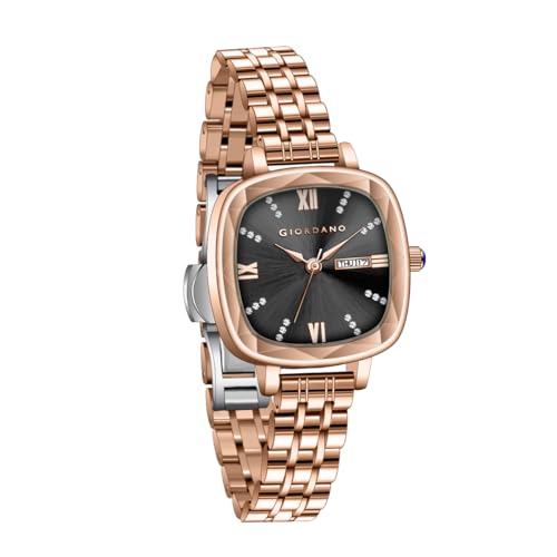 Giordano Elegant Square Watch for Women – Crystal & Roman Hour Markers, Day-Date Display, Stainless Steel Strap - Image 1