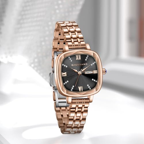 Giordano Elegant Square Watch for Women – Crystal & Roman Hour Markers, Day-Date Display, Stainless Steel Strap - Image 3