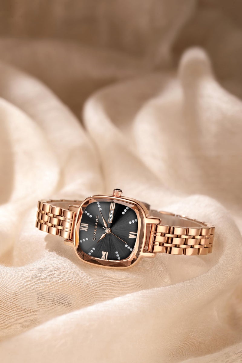 Giordano Elegant Square Watch for Women – Crystal & Roman Hour Markers, Day-Date Display, Stainless Steel Strap - Image 4