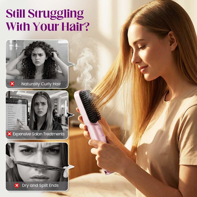 Pink Cordless Hair Straightening Brush For Short Hair 30s Heat 4 Levels Ionic Ceramic USB C Anti Frizz - Image 3