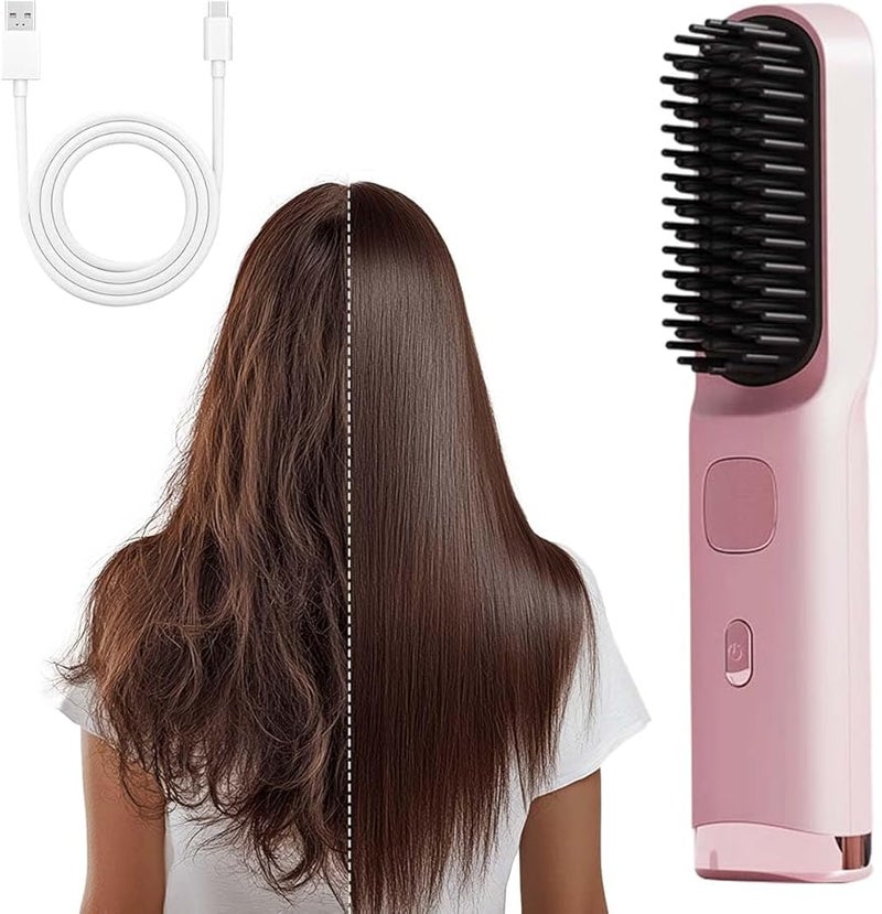 Pink Cordless Hair Straightening Brush For Short Hair 30s Heat 4 Levels Ionic Ceramic USB C Anti Frizz - Image 1