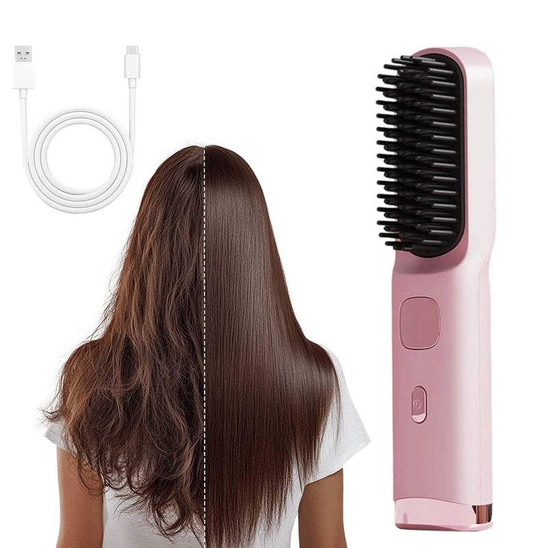 Pink Cordless Hair Straightening Brush For Short Hair 30s Heat 4 Levels Ionic Ceramic USB C Anti Frizz - Image 2