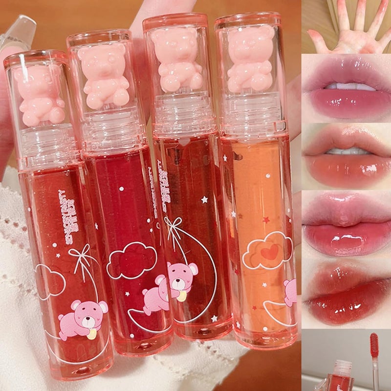 Baorder 4Pcs Bear Lip Glaze Hydrating Jelly Lip GlossJelly Liquid Lipstick Cute Bear Lipgloss Moisturizing Lip Stain Plumping Water Lip Gloss Waterproof Long Lasting Cheek Rouge Tint Makeup 4 A