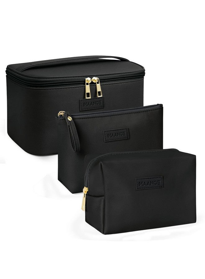 MAANGE Makeup Bag Large Cosmetic Bag With 2Pcs Small Makeup Bags Portable Leather Travel Makeup Bag Set Toiletry Bag Make Up Bags For Women And Girls (Black) - Image 1