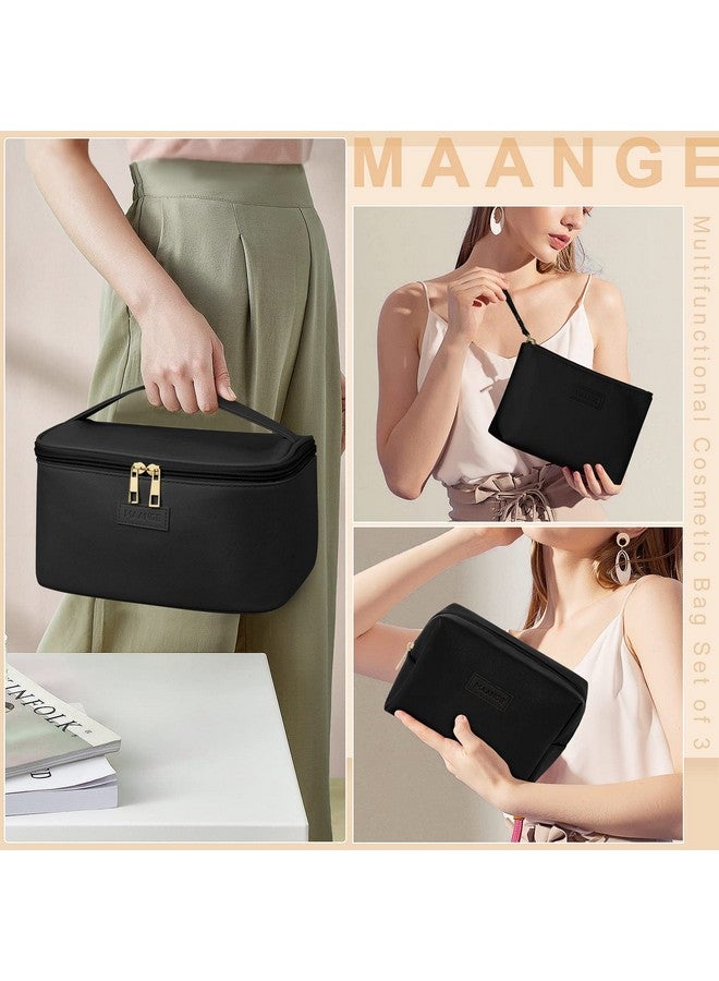 MAANGE Makeup Bag Large Cosmetic Bag With 2Pcs Small Makeup Bags Portable Leather Travel Makeup Bag Set Toiletry Bag Make Up Bags For Women And Girls (Black) - Image 2