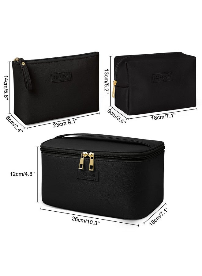 MAANGE Makeup Bag Large Cosmetic Bag With 2Pcs Small Makeup Bags Portable Leather Travel Makeup Bag Set Toiletry Bag Make Up Bags For Women And Girls (Black) - Image 3