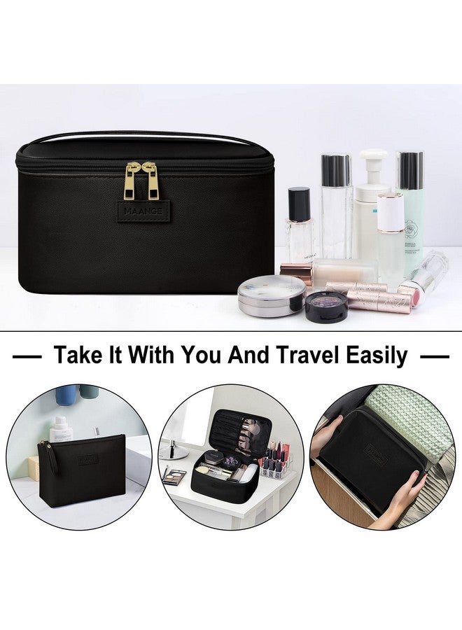 MAANGE Makeup Bag Large Cosmetic Bag With 2Pcs Small Makeup Bags Portable Leather Travel Makeup Bag Set Toiletry Bag Make Up Bags For Women And Girls (Black) - Image 5
