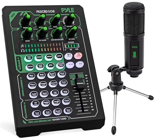 Pyle Portable Bluetooth Live Broadcast Sound Card Pro Audio Interface DJ mixer Condenser wMicrophone Set for Streaming Podcasts Studio Recording PC Gaming Phone wFX Ambient Sounds - Image 1