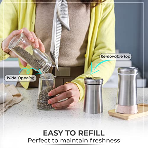 Kitchen & Go Salt and Pepper Shakers set with Adjustable Pour Holes - Elegant Stainless Steel Spice Dispenser - Perfect for Himalayan, Table Salt, White and Black Pepper (Salt & Pepper Shakers Set + Bamboo Stand) - Image 2