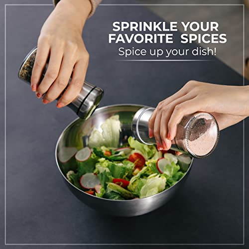 Kitchen & Go Salt and Pepper Shakers set with Adjustable Pour Holes - Elegant Stainless Steel Spice Dispenser - Perfect for Himalayan, Table Salt, White and Black Pepper (Salt & Pepper Shakers Set + Bamboo Stand) - Image 3