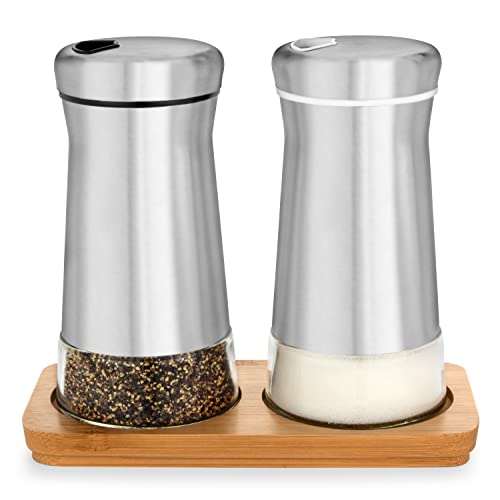 Kitchen & Go Salt and Pepper Shakers set with Adjustable Pour Holes - Elegant Stainless Steel Spice Dispenser - Perfect for Himalayan, Table Salt, White and Black Pepper (Salt & Pepper Shakers Set + Bamboo Stand) - Image 1