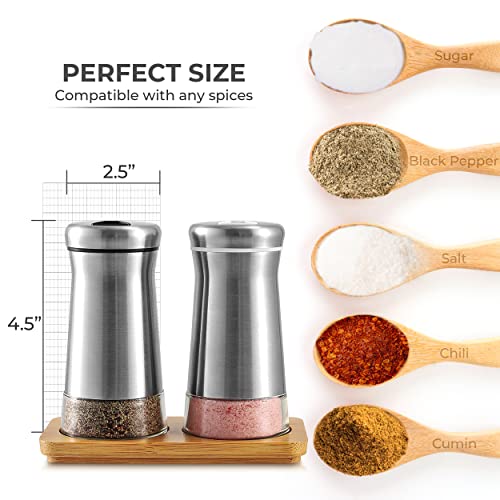 Kitchen & Go Salt and Pepper Shakers set with Adjustable Pour Holes - Elegant Stainless Steel Spice Dispenser - Perfect for Himalayan, Table Salt, White and Black Pepper (Salt & Pepper Shakers Set + Bamboo Stand) - Image 5