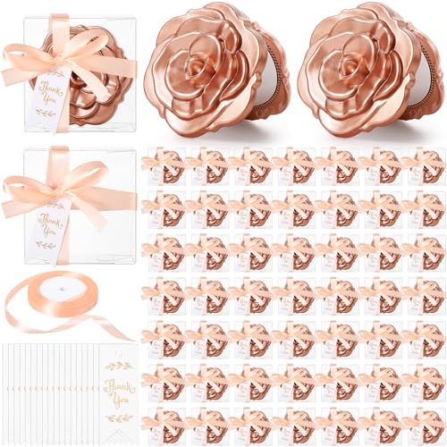 Beeveer 100 Set Rose Compact Mirrors Bulk Wedding Party Favors Including Rose Mirrors Thank You Tags Plastic Clear Boxes with Ribbons for Wedding Bridal Shower Party Guests Souvenir Gift - Image 1