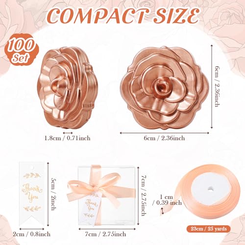 Beeveer 100 Set Rose Compact Mirrors Bulk Wedding Party Favors Including Rose Mirrors Thank You Tags Plastic Clear Boxes with Ribbons for Wedding Bridal Shower Party Guests Souvenir Gift - Image 2