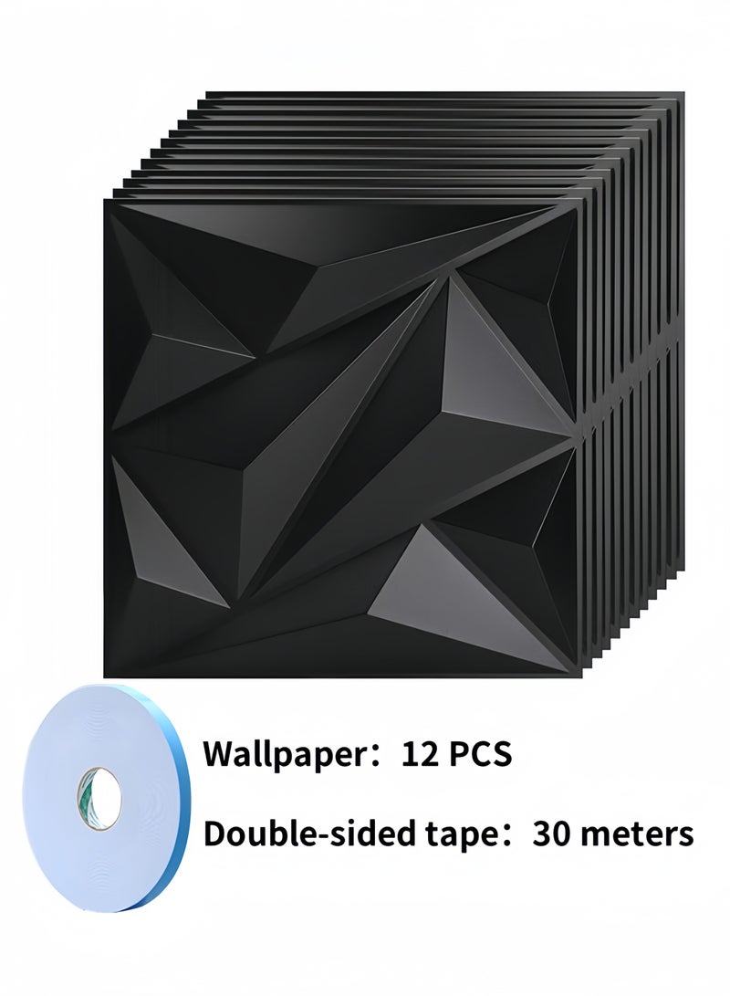 fantasize 12 PCS 3D Wall Panels 3D Texture PVC Wallpaper with 30M Double sided tape Diamond Design Decorative Wall Cover Each For Living Room Lobby Bedroom Office Each 30x30cm Black - Image 1