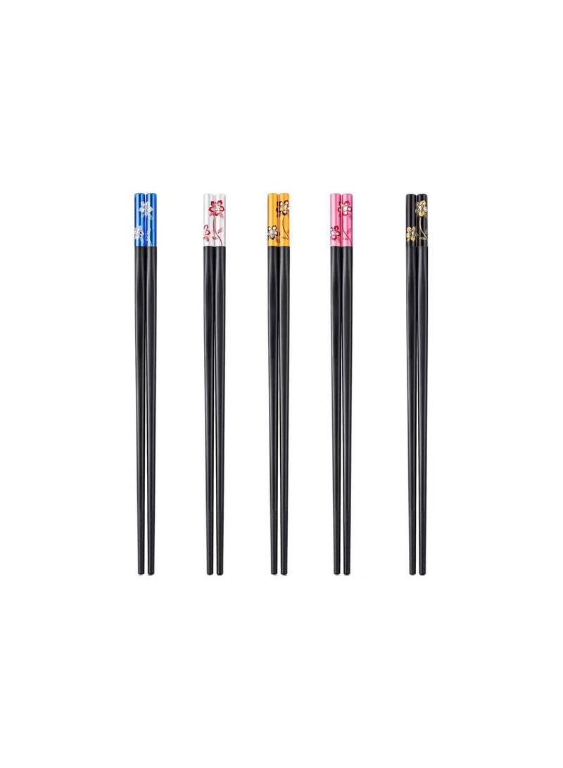GGOOT 5 Pairs Reusable Chopsticks, Fiberglass Chopsticks Set Dishwasher Safe Chopsticks Floral Black Chopsticks Non Slip Fancy Chop Sticks Alloy Chinese Chopsticks Japanese Sushi Chopsticks for Noodle Rice - Image 1