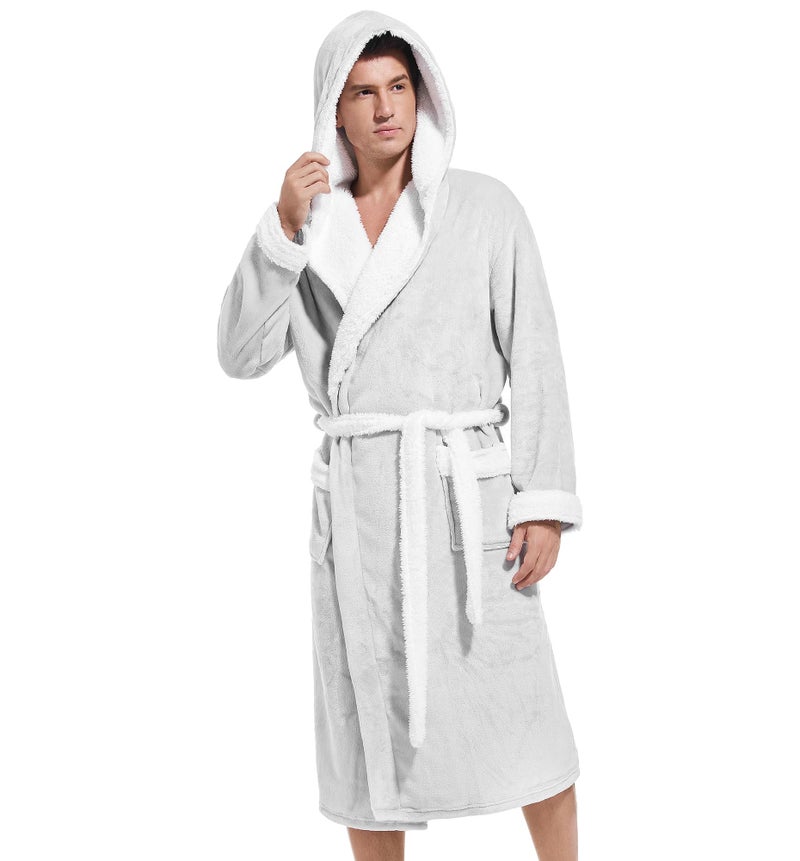 Inner Wish Mens Hooded Robe, Plush Long Bath robes Cozy Warm Bathrobe Fuzzy male Spa Robe With Pockets，LT.GREY+WHITE，L/XL - Image 1