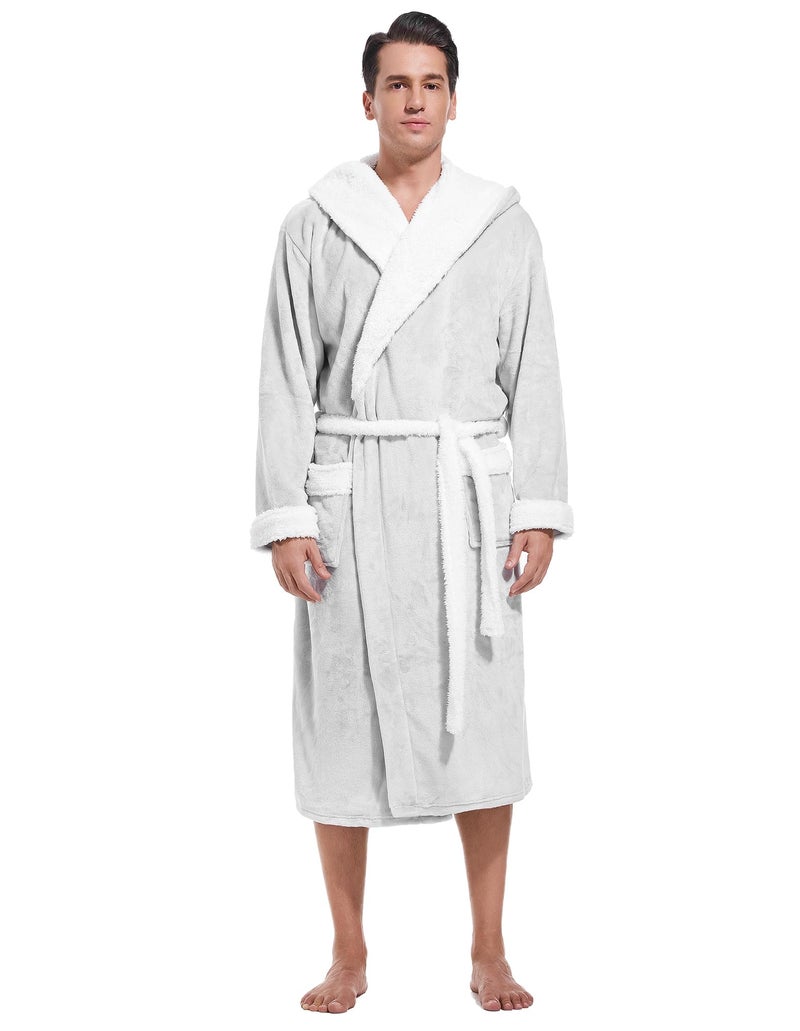 Inner Wish Mens Hooded Robe, Plush Long Bath robes Cozy Warm Bathrobe Fuzzy male Spa Robe With Pockets，LT.GREY+WHITE，L/XL - Image 2