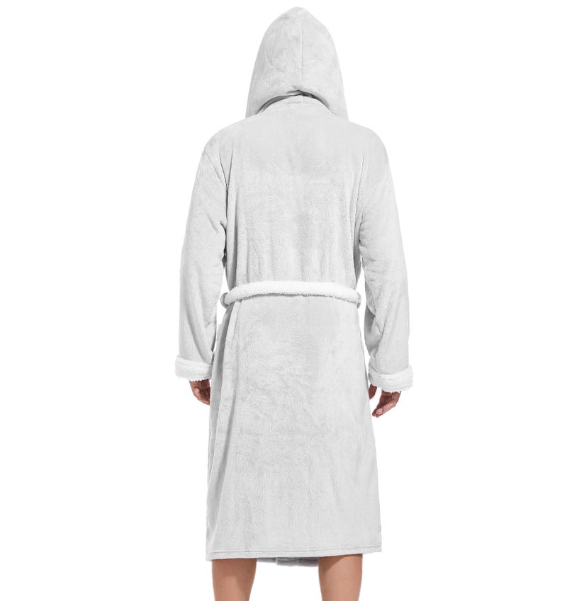 Inner Wish Mens Hooded Robe, Plush Long Bath robes Cozy Warm Bathrobe Fuzzy male Spa Robe With Pockets，LT.GREY+WHITE，L/XL - Image 3