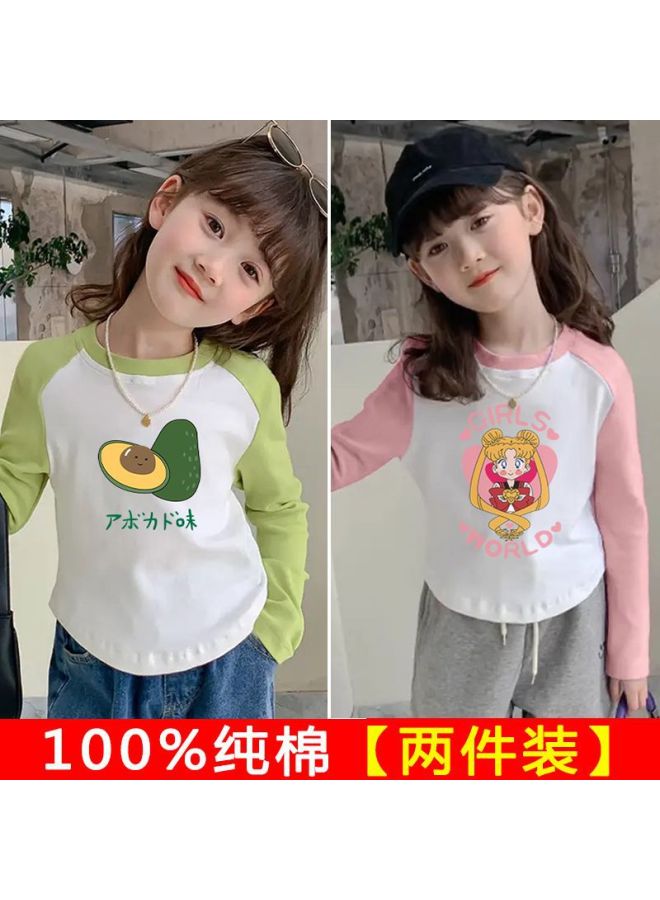 Girls' Spring & Fall New Color-blocked Pure Cotton Long-sleeved T-shirt Baby's Curved Top With Upper And Lower Hem Korean Style Western Style Bottoming Shirt