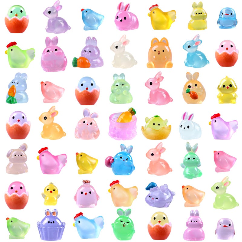 DULEFUN 50pcs Easter Luminous Mini Resin Figures Little Small Easter Glow in The Dark Bunny Miniature Rabbit Chick Figurines for Dollhouse Micro Garden Landscape Decoration Egg Fillers Party Favors - Image 3