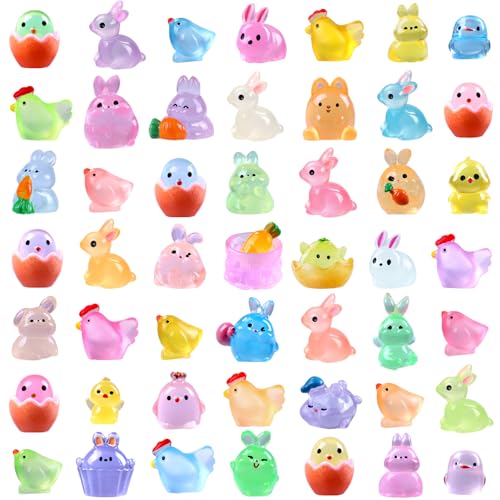 DULEFUN 50pcs Easter Luminous Mini Resin Figures Little Small Easter Glow in The Dark Bunny Miniature Rabbit Chick Figurines for Dollhouse Micro Garden Landscape Decoration Egg Fillers Party Favors - Image 1