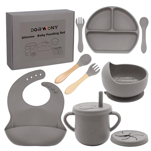 Dormlony 100% Silicone baby feeding set,BPA free Baby dishes set with Suction Bowl Divided Plate,Toddler Self Feeding Dish Set with Spoons Forks Sippy Cup And Bib, Baby Eating Utensils (Light Brown) - Image 1