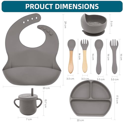 Dormlony 100% Silicone baby feeding set,BPA free Baby dishes set with Suction Bowl Divided Plate,Toddler Self Feeding Dish Set with Spoons Forks Sippy Cup And Bib, Baby Eating Utensils (Light Brown) - Image 2