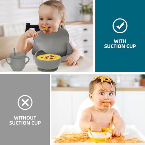 Dormlony 100% Silicone baby feeding set,BPA free Baby dishes set with Suction Bowl Divided Plate,Toddler Self Feeding Dish Set with Spoons Forks Sippy Cup And Bib, Baby Eating Utensils (Light Brown) - Image 4