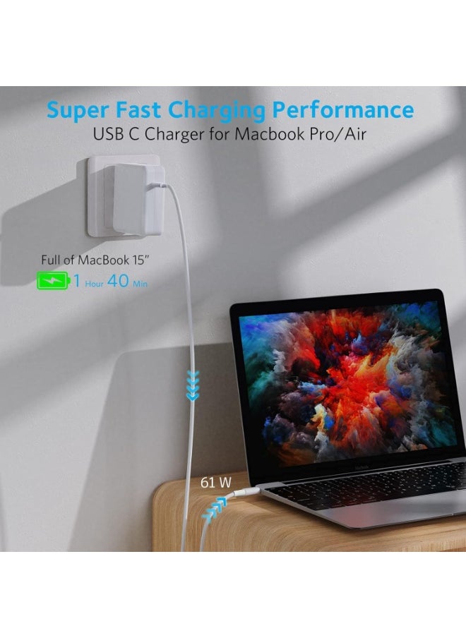 61W USB-C Fast Charger Power Adapter – Replacement Charger for MacBook Pro & Air 13/15/16" – Compatible with 30W/29W USB-C Devices – USB-C to C Cable Included