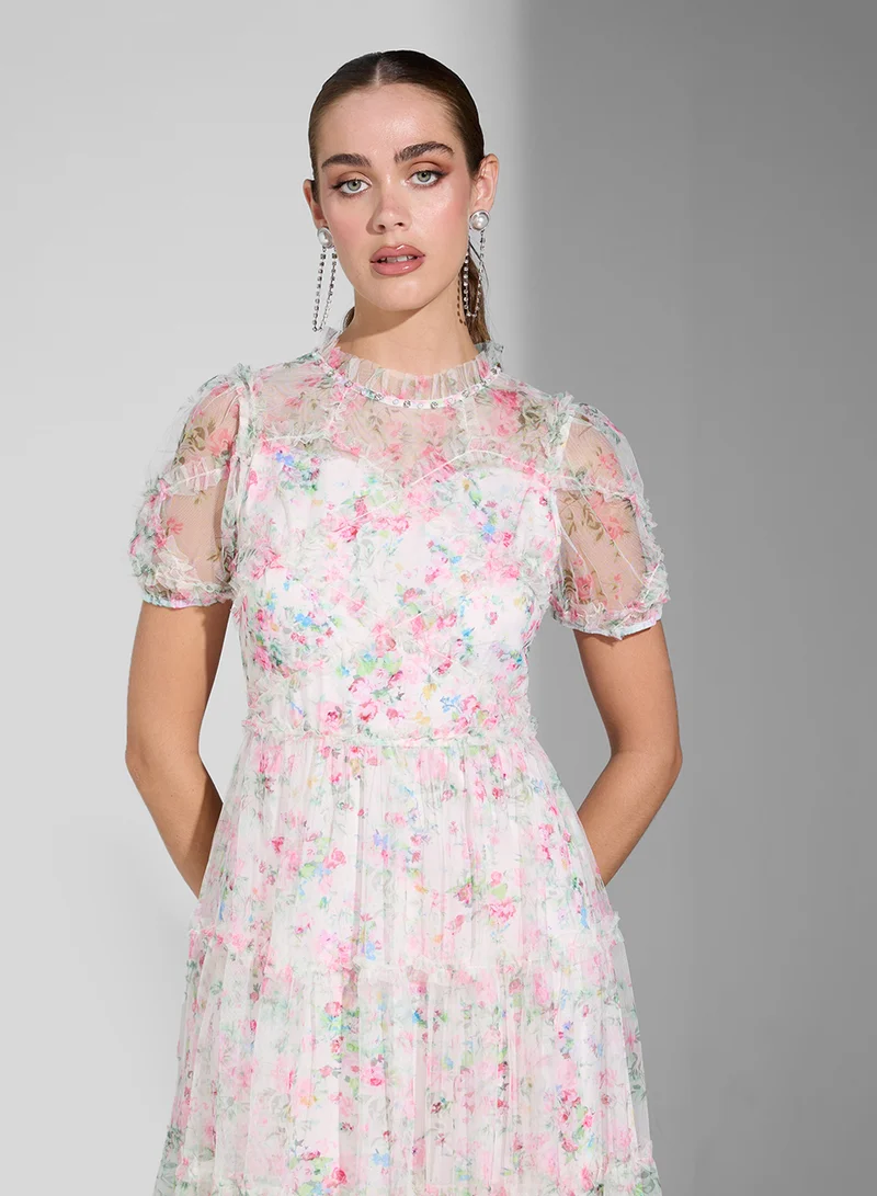 Ginger Boutique Floral Ruffle Trim Dress